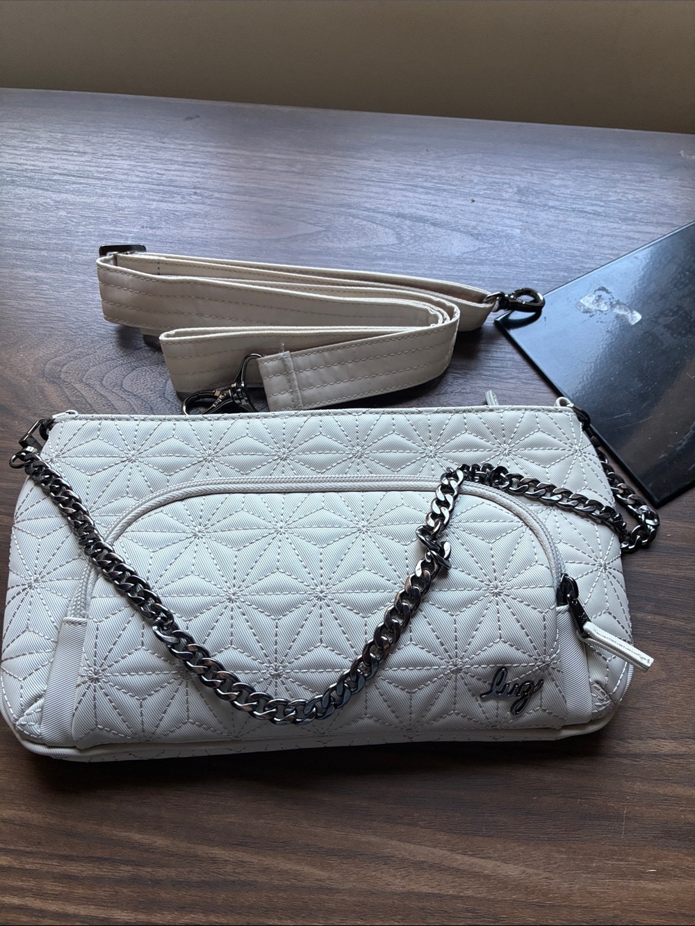 Quilted White Crossbody Bag with Chain and Strap Lug Flyer